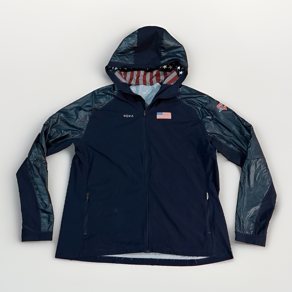 ROKA USA Triathlon Mens Navy Blue Full Zip Hooded Windbreaker Jacket Size XL